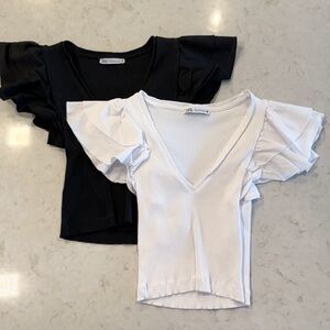Zara Black and White Cropped Ruffle Sleeve Top Bundle (2)